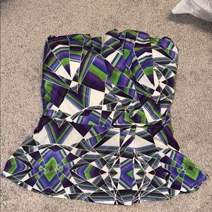 BEBE Geometric Strapless Peplum Top in Purple, Green & White  xs